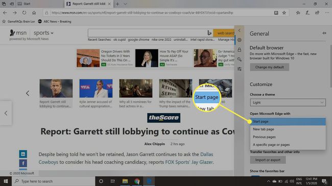 Seleccione Página de inicio en Abrir Microsoft Edge con.