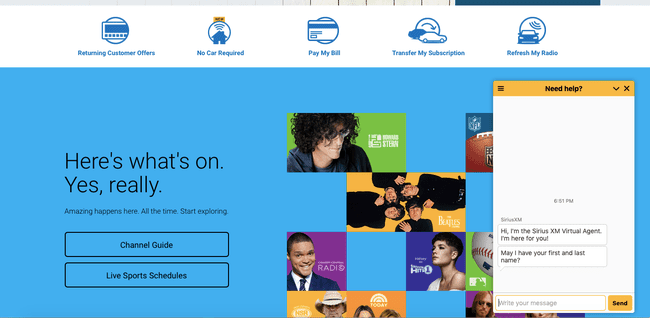 Использование экрана чата SiriusXM для связи со службой поддержки клиентов