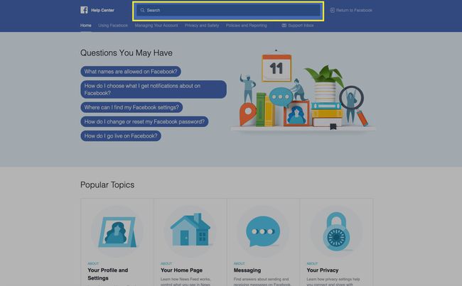 På Facebooks hjälpcenter, bläddra igenom kategoriserade artiklar eller sök med nyckelord för att försöka hitta ett svar på ditt problem.