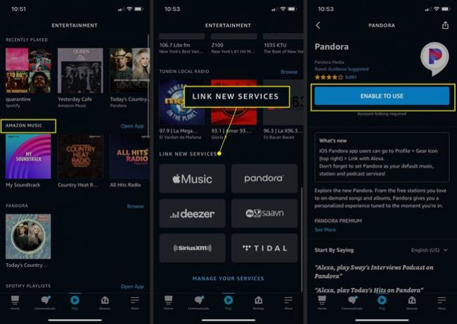 Tilføjelse af en streamingtjeneste til et Echo Dot via Alexa-appen på en iPhone med Amazon Music, Link New Services og Enable to Use fremhævet