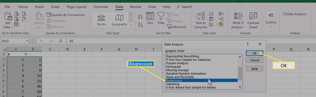 Auswahl der Datenanalyse-Regression in Excel