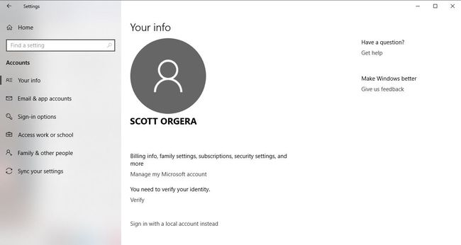Una captura de pantalla de la pantalla de configuración de la cuenta de Windows 10