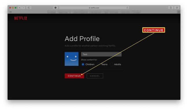 Netflix Lägg till profil dialog med Fortsätt markerad