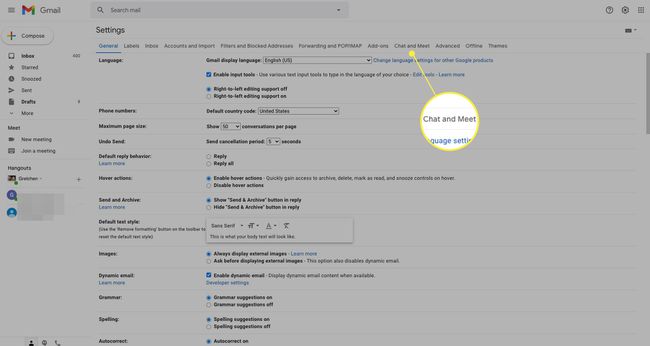 Configurações do Gmail com a guia Bate-papo e Meet destacada