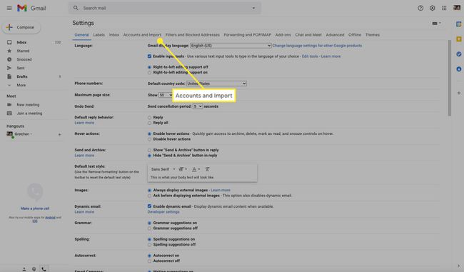 Configurações do Gmail com a guia " Contas e importação" destacada