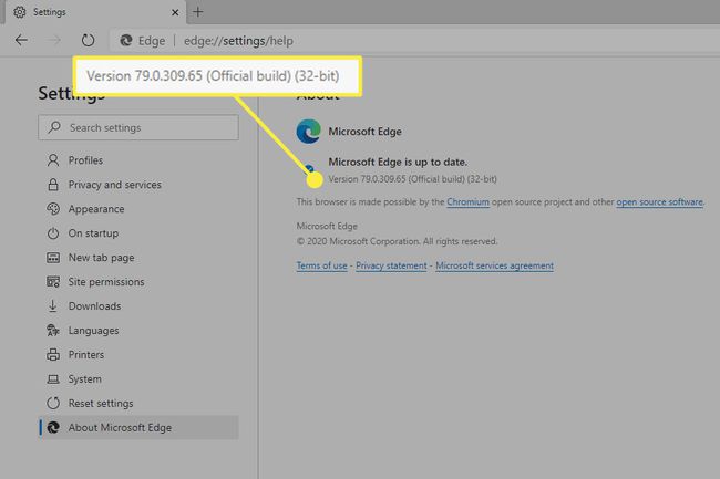 Una captura de pantalla de la pantalla Acerca de Microsoft Edge con el número de versión resaltado