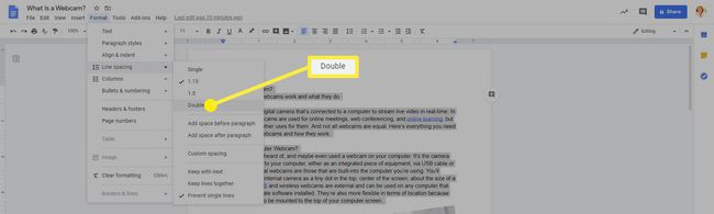 ตัวเลือกการเว้นวรรคสองบรรทัดในเมนูรูปแบบใน Google เอกสาร