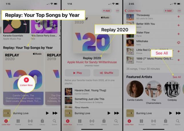 Funkcja Apple Music Replay na iPhonie z wyróżnionymi „Replay: Your Top Songs by Year”, „Słuchaj teraz”, „Replay 2020” i „See all”