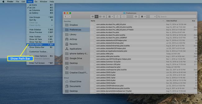Näytä polkupalkin valinta Finderin näkymävalikosta