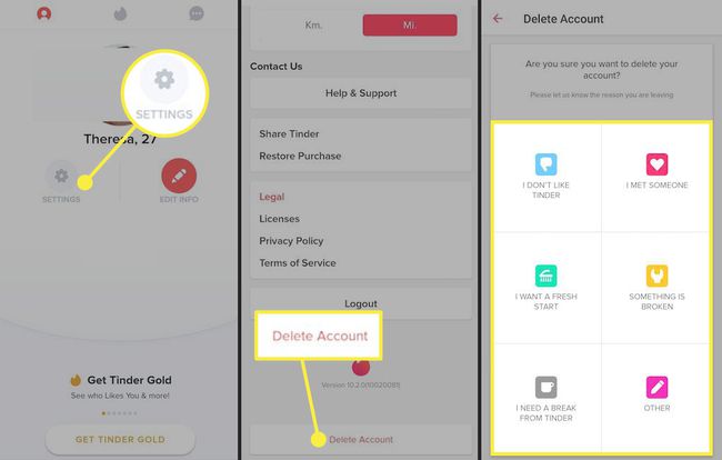Снимци екрана мобилне апликације Тиндер који показују како да избришете налог