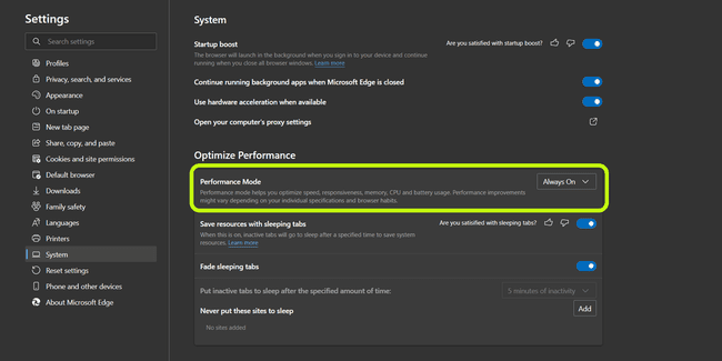 MicrosoftEdgeパフォーマンスモードオプションが強調表示されています