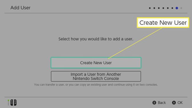 Nintendo Switch iestatīšana ar izceltu Izveidot jaunu lietotāju