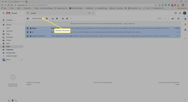 Selecionando Excluir para sempre na pasta Lixeira do Gmail.