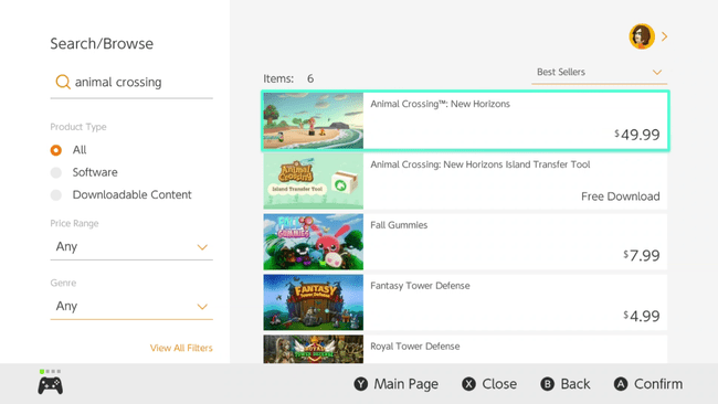 Nintendo eShop 검색 결과에서 강조 표시된 동물의 숲.