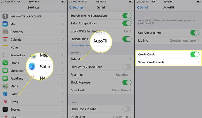 Safari, Autocompletar y Tarjetas de crédito en la configuración de iOS