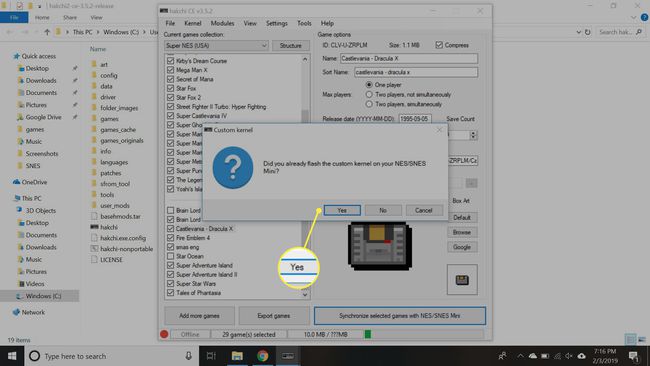 Изберете Синхронизиране на избрани игри с NESSNES Mini и потвърдете, че вече сте флашнали персонализираното ядро.