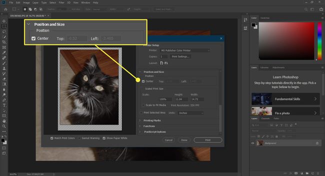 Zrzut ekranu okna drukowania programu Photoshop z podświetlonymi ustawieniami pozycji