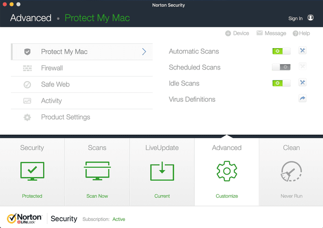 Una captura de pantalla de la configuración del análisis de virus de Norton Security en macOS