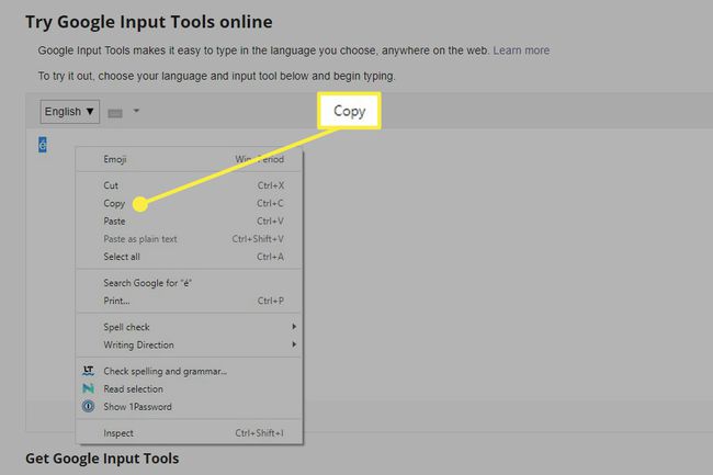 กล่องข้อความ Google Input Tools ในเมนูคลิกขวาของ Chrome