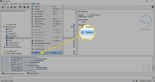 TeamSpeak z podświetlonym poleceniem Opcje