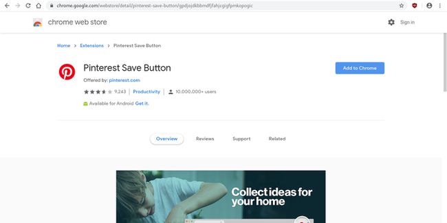 Stran razširitve za Chrome z gumbom za shranjevanje Pinterest