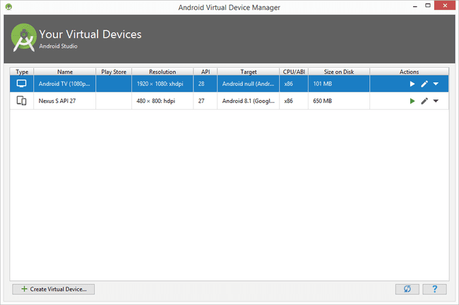 โปรแกรมจำลอง Android Virtual Device Manager สำหรับ Windows
