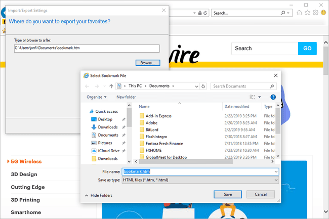 Seleccione el indicador de archivo de marcadores en Internet Explorer