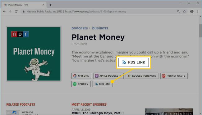 Strona internetowa Planet Money w podcastach NPR.org pokazująca łącze RSS do kanału RSS