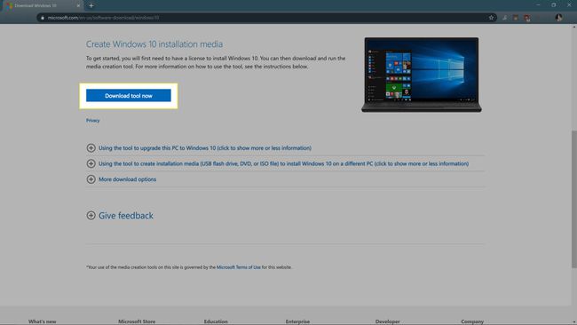 Webbplatsen för nedladdning av Windows Media Creation Tool.