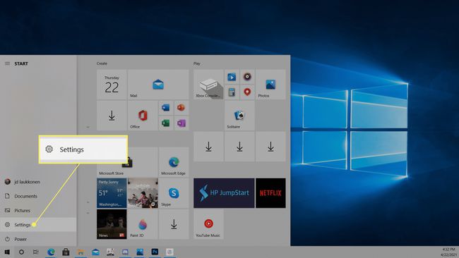 Windows 10 시작 메뉴에서 강조 표시된 설정.