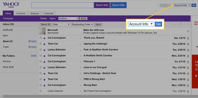 Menu de informações da conta no Yahoo Mail Basic