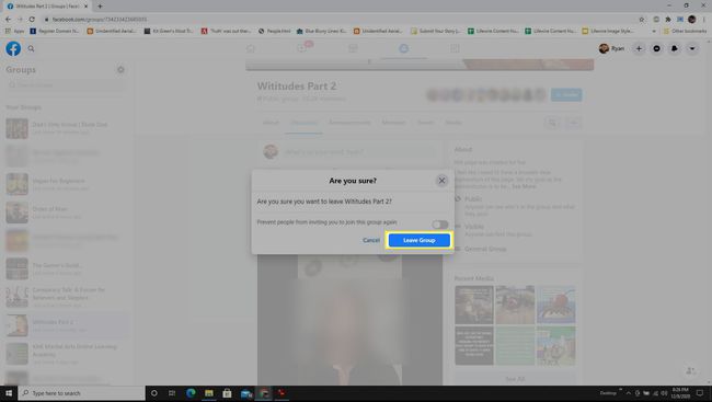 Диалоговият прозорец за потвърждение за напускане на група във Facebook.