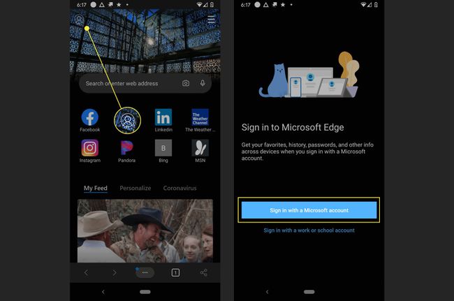 Kroki, aby zalogować się na konta Microsoft w MS Edge na Androida.