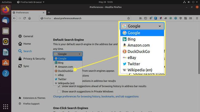 Opciones predeterminadas del motor de búsqueda en Firefox