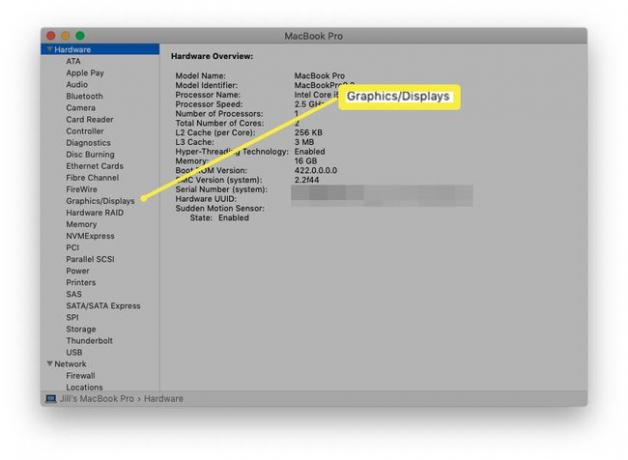 GraphicsDisplayが強調表示されたMacOSシステムレポート。