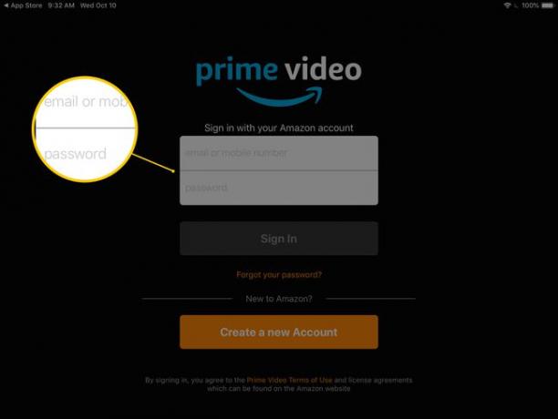 สกรีนช็อตของแบบฟอร์มลงชื่อเข้าใช้ Prime Video บน iPad รวมถึงช่องอีเมลและรหัสผ่าน