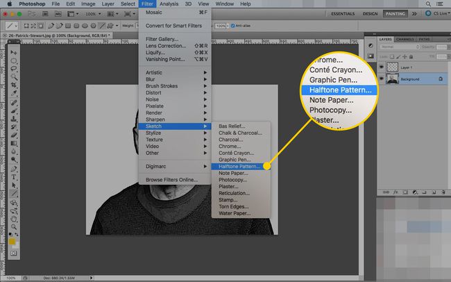 Photoshop op een Mac met het menu-item Halftoonpatroon geselecteerd