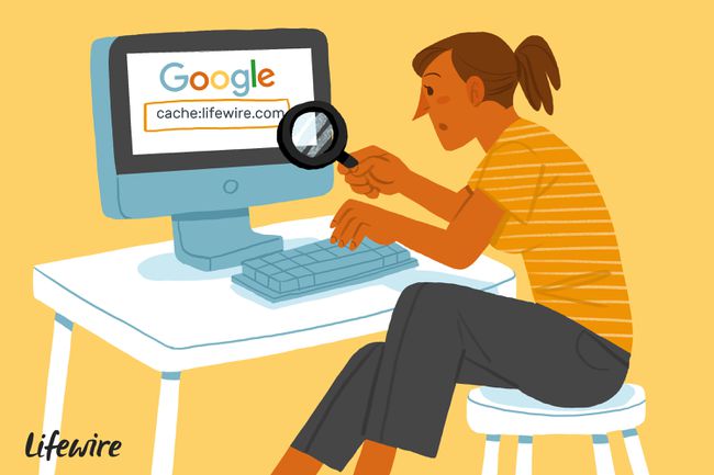 Ilustración de una persona que escribe " caché: lifewire.com" en la búsqueda de Google en una computadora