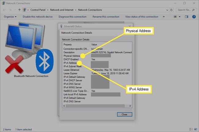 Fyzická adresa a adresa iPv4 v ovládacím panelu Windows.