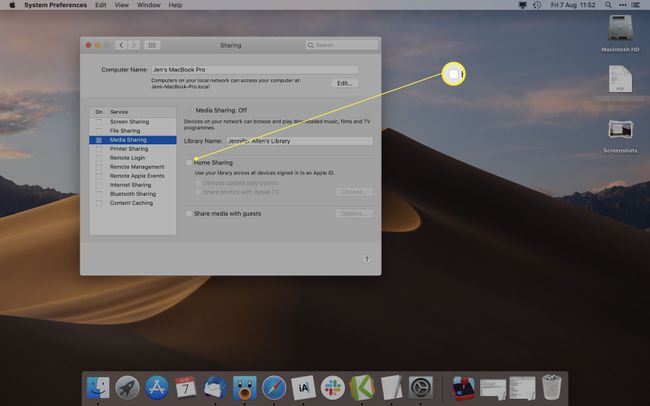メディア共有が強調表示されたMacシステム環境設定