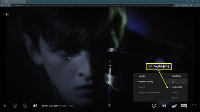 Meniul Netflix Audio și Subtitrări cu limba engleză (CC) evidențiată