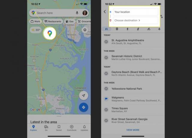 Aplicativo Google Maps no iPhone com ícone de direções e caixa de partida e destino em destaque