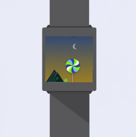 Een screenshot van het Wear-spel Bugdroid Land op een geïllustreerde smartwatch