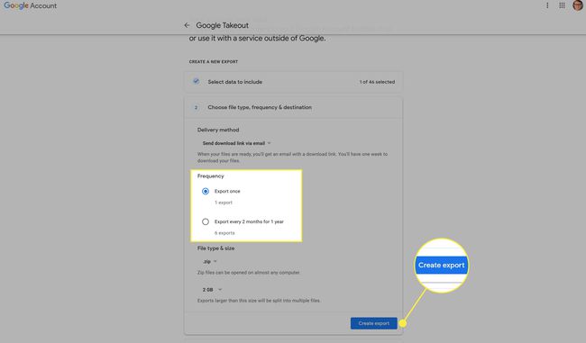 Ajuste de la frecuencia de exportación de Google Photos en el sitio de Google Takeout.