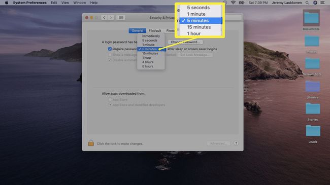 لقطة شاشة لتعيين حد المهلة لنظام التشغيل Mac.