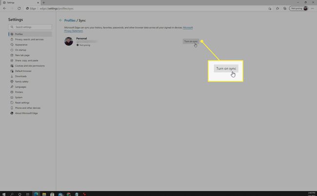 El botón para habilitar la sincronización en Microsoft Edge.