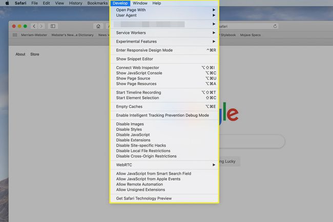 Safariの[開発]メニュー
