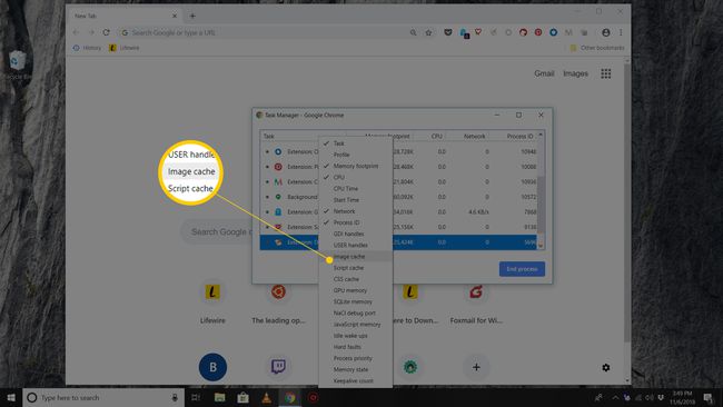 Elemento de caché de imagen en el menú contextual en el administrador de tareas de Chrome