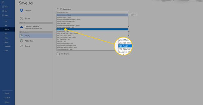 Menu Bestandsindeling in Word met PDF gemarkeerd