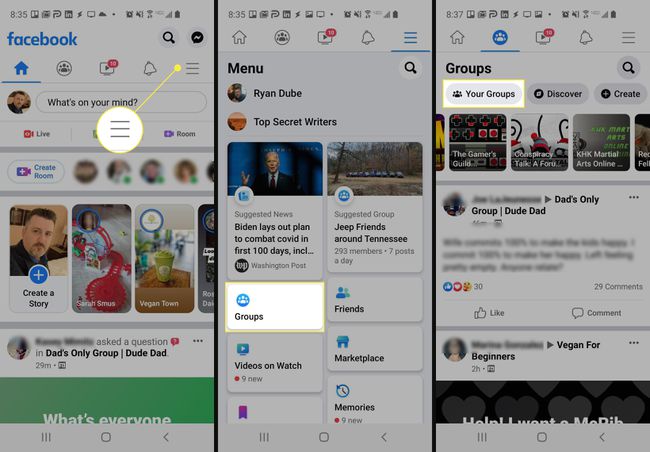 Намиране на вашите групи в мобилното приложение на Facebook.